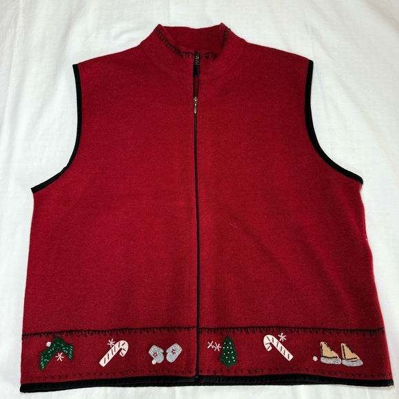 Woolrich Sweater Vest Women's XL Ruby Red Lambswool Full Zip Holiday Winter Felt - Picture 1 of 8